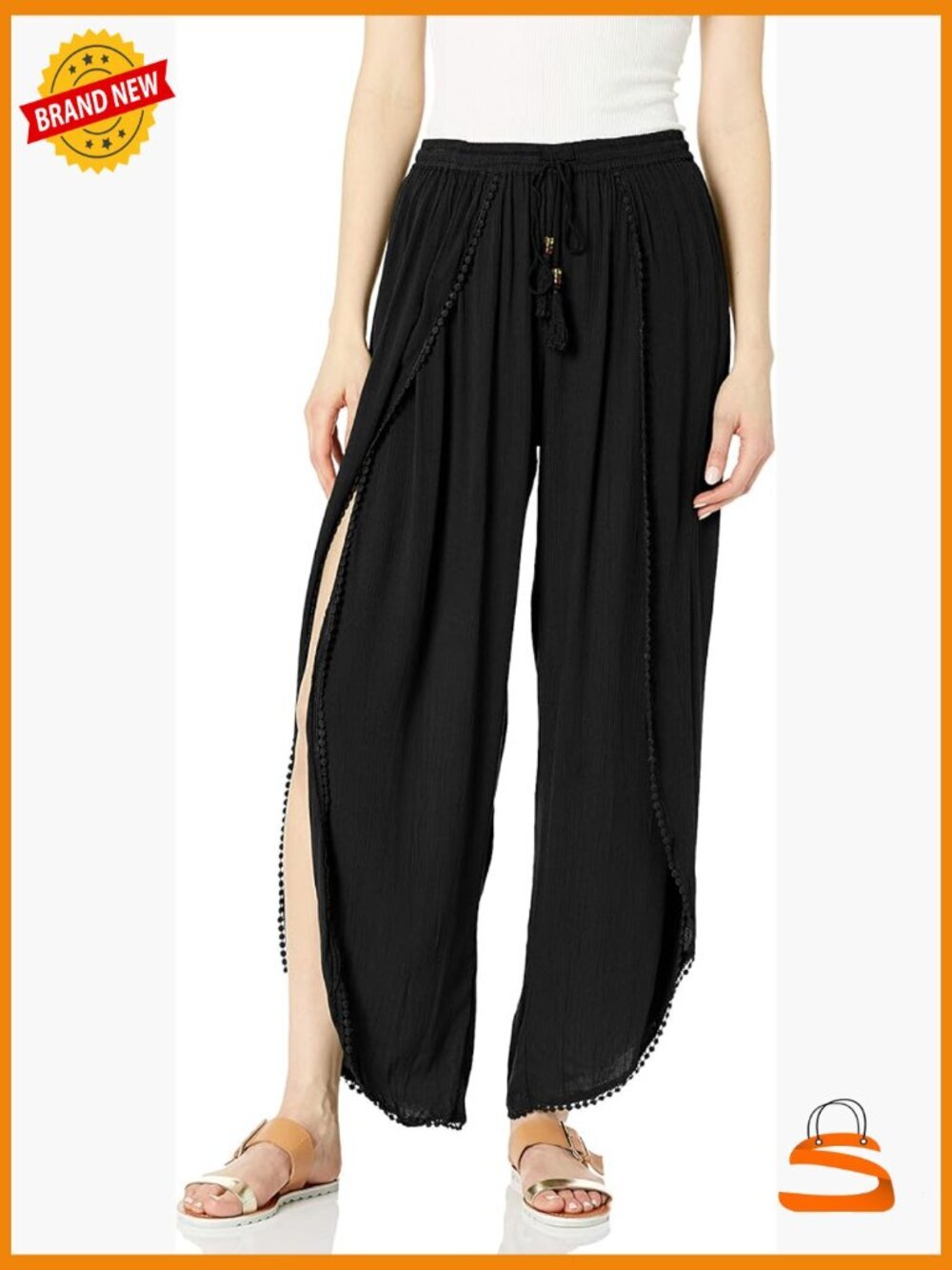 Self Tie Palazzo Pants with Slits, Elastic Waist